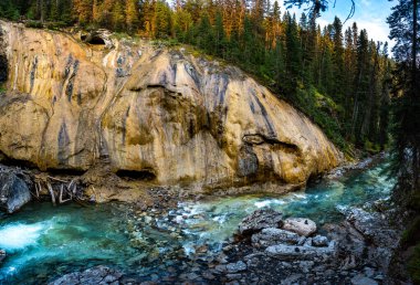 Banff Ulusal Parkı 'nda Görkemli Johnston Kanyonu Şelalesi.