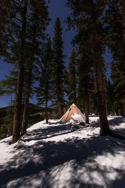 Winter Tent Camping - White Teepee with chimney surrounded  by tall trees
