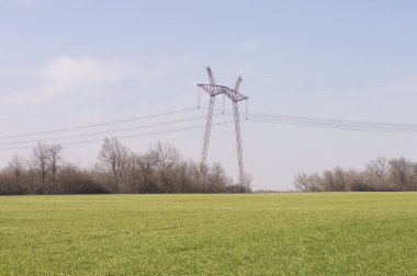 green field and power line in the distance clipart