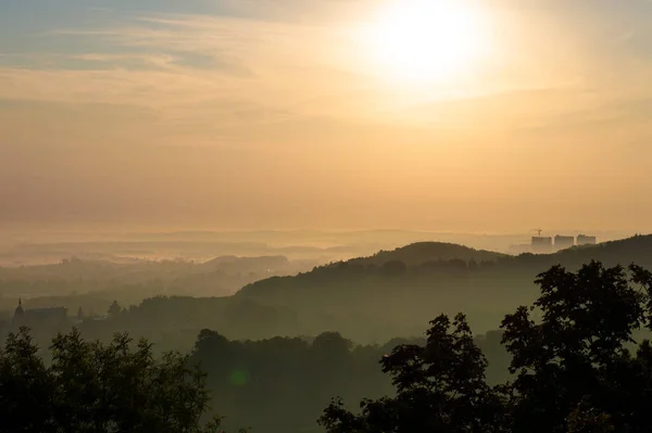 stock image view of the city from high in the morning in the fog