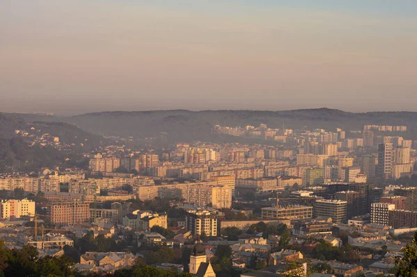 Вид Город Высоты Утра Тумане — стоковое фото
