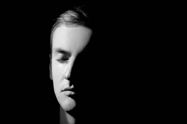 Schwarz Weiß Foto Großes Portrait Halb Gesicht Beleuchtet — Stockfoto