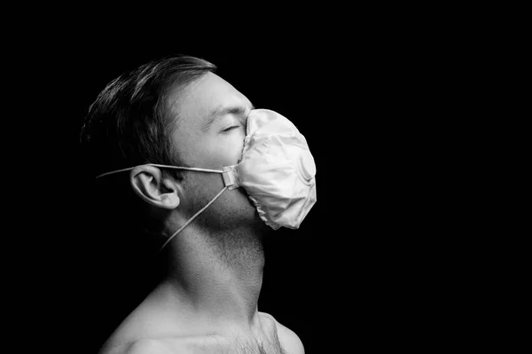 Black White Portrait Guy Respirator — Stock Photo, Image