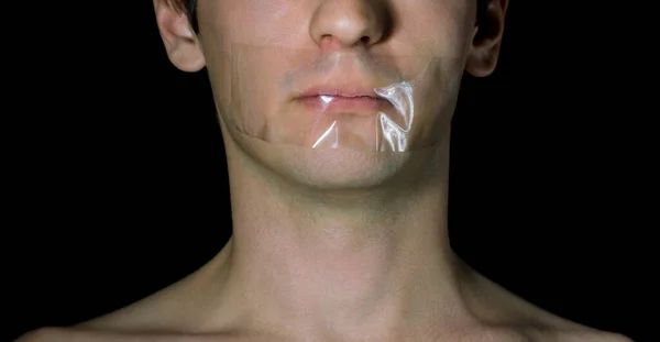 Portrait Guy Black Background Taped Mouth — Stock Photo, Image