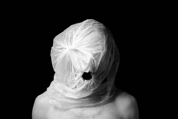 Portrait Strangulation Plastic Bag Head — Stock Photo, Image