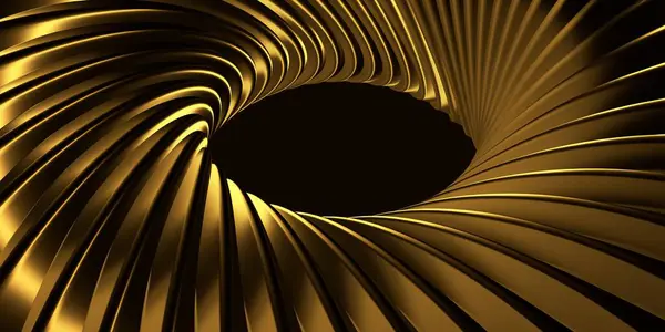 Abstract futuristic illustration of a golden circle with golden stripes coming from it with black shadows on a black background, similar to a futuristic image of the sun. Abstract luxury style golden