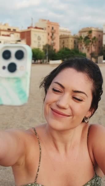 Vertical Video Happy Young Woman Taking Selfie — Stock Video