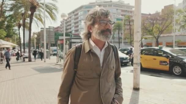 Homem Meia Idade Andando Pela Rua Com Mochila — Vídeo de Stock