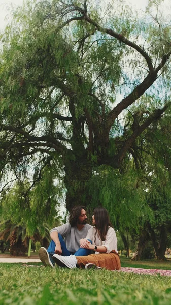 Gelukkig Glimlachen Paar Praten Terwijl Zitten Deken Park — Stockfoto