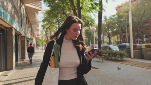 Mulher Bonita Descendo Rua Com Saco Supermercado Usando Telefone Celular — Vídeo de Stock