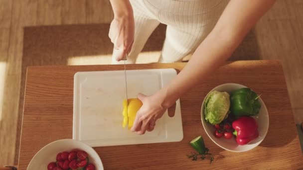 Close Young Woman Hands Cutting Peppers Making Salad Home Kitchen — Stock Video
