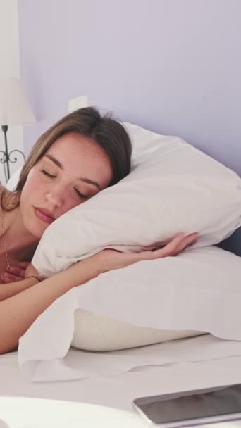 Vertical Video Young Woman Waking Takes Her Smartphone Nightstand While — Stock Video