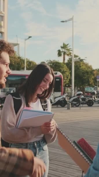 Cheerful Students Talking Laughing Standing Books — Vídeos de Stock