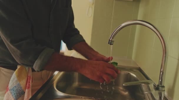 Close Mão Homem Lavar Legumes — Vídeo de Stock