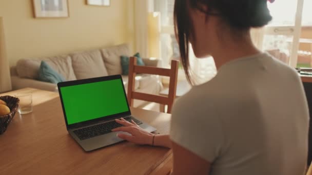 Young Woman Working Green Screen Chroma Key Laptop While Sitting — Video