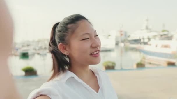 Genç Bir Kadın Deniz Kenarında Cep Telefonuyla Video Görüşmesi Yapıyor — Stok video