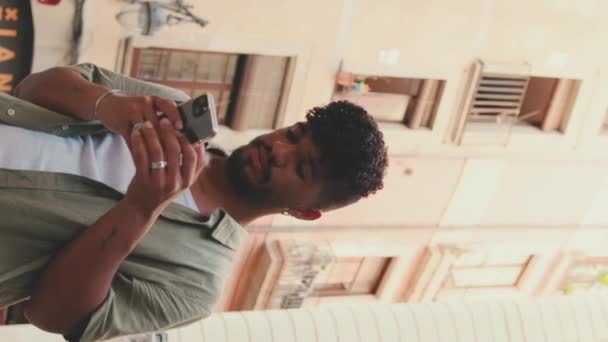 Vertical Video Close Young Man Browsing Information Phone — Vídeo de stock