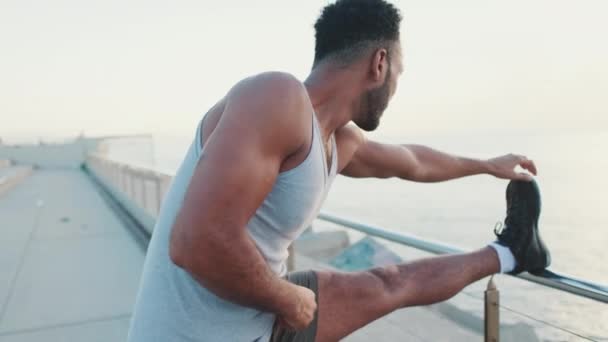 Young Bearded Male Athlete Doing Warm Stretching Legs Training While — Αρχείο Βίντεο