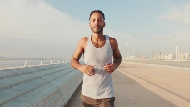 Young Bearded Male Fit Athlete Runs Promenade — Stockvideo