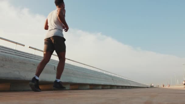 Ung Skäggig Man Passar Atlet Löper Längs Strandpromenaden Bakifrån — Stockvideo