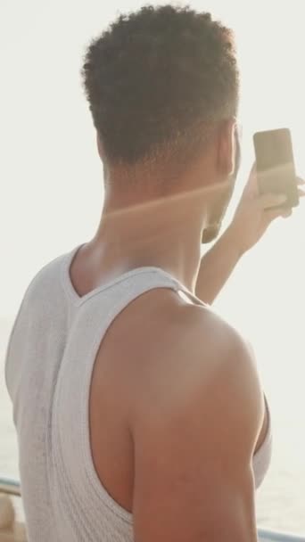 Vertical Video Young Bearded Male Fit Athlete Taking Photo Mobile — Video
