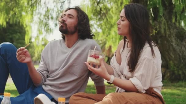 Pasangan Menikmati Makan Siang Yang Sehat Piknik Taman — Stok Video
