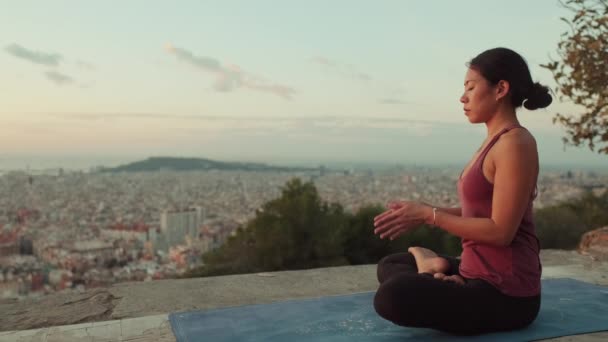 Jeune Femme Body Pratique Yoga Aube Point Vue Fille Lève — Video
