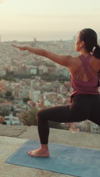Vertical Video Young Woman Practices Yoga Sunrise Viewing Platform — Video