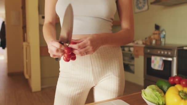 Close Mãos Mulher Jovem Cortando Tomates Fazendo Salada Casa Cozinha — Vídeo de Stock