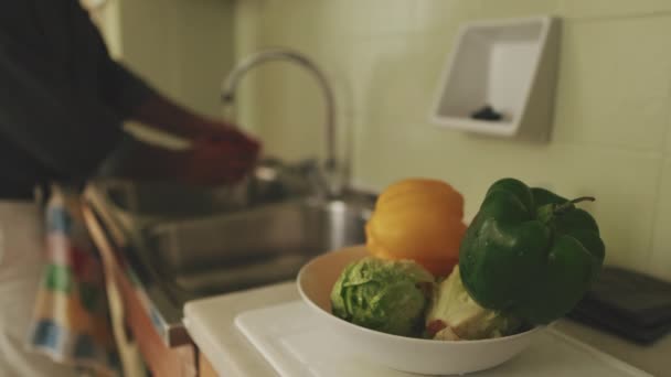 前景では 背景に人間の野菜を洗うの手の背景 ソフトフォーカス — ストック動画