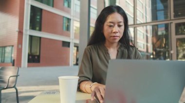 Dizüstü bilgisayarda çalışan genç bir kadın. 