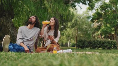 Aşık bir çift parkta piknikte cep telefonu kullanıyor.