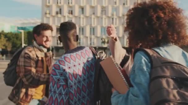 Веселые Молодые Студенты Стоящие Улице Обнимаются Приветствуют Друг Друга — стоковое видео