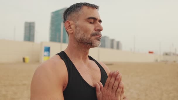 Close Mature Man Doing Breathing Exercises — Stock Video