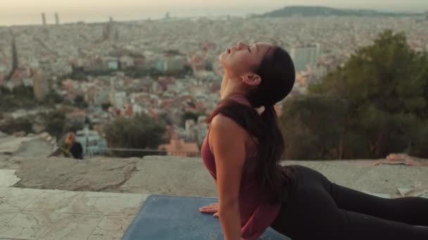 Young Woman Practices Yoga Sunrise Viewing Platform Girl Snake Pose — Stock Video
