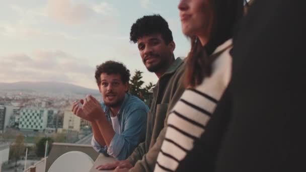 Young People Look Beautiful Views Talk While Standing Balcony — Stock Video