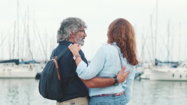 Romantica Coppia Anziani Parlando Piedi Abbracciando Porto Fondo Yacht — Video Stock