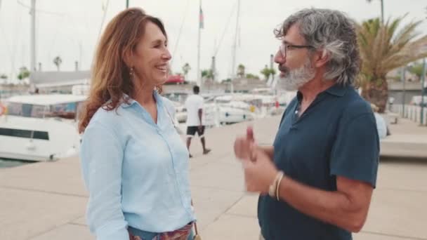 Yat Arka Planında Marinada Dururken Gülümseyen Orta Yaşlı Çift Konuşuyor — Stok video