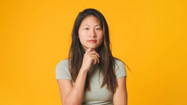 Stüdyoda sarı arka planda izole edilmiş gri bluzlu kız kameraya bakıyor.