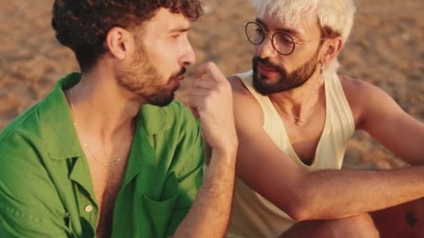 Homosexual Couple Love Spend Time Together Sitting Beach Dawn — Stock Video