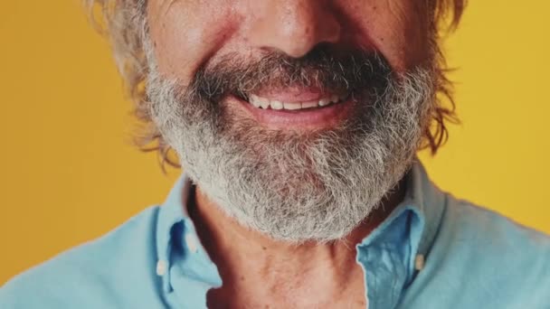 Close Lábios Sorriso Com Dentes Brancos Homem Mais Velho Isolado — Vídeo de Stock