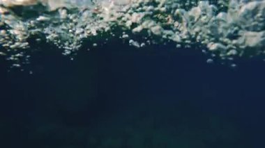POV sualtı görüntüsü, kamera kayalık kıyıya doğru ilerliyor, suyun altında alçalıyor ve yüzeyden yükseliyor.