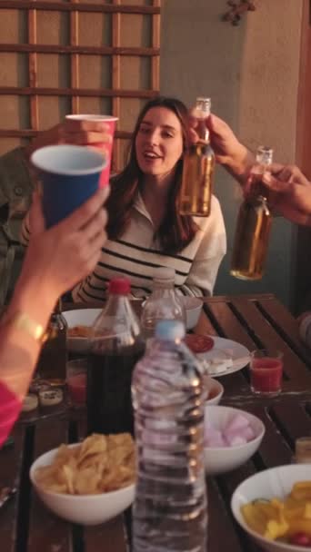 Young People Raise Glasses Bottles Make Toast Clink Glasses Terrace — Stock Video