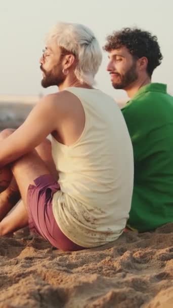恋爱中的同性恋夫妇和他们的狗一起坐在沙滩上 — 图库视频影像