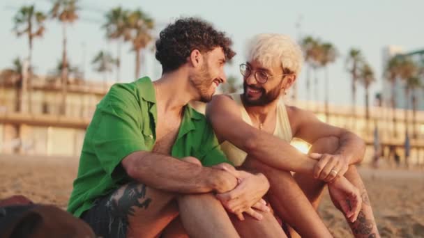 Gay Couple Dans Amour Parler Tandis Que Assis Sur Plage — Video