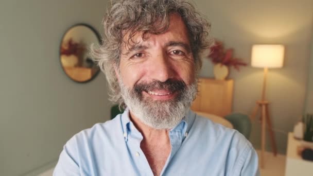 Close Happy Middle Aged Man Gray Hair Standing Living Room — Stock Video