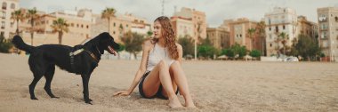Öğle yemeği vakti. Şirin kız kumsalda evcil hayvanlı sandviçiyle oturuyor. Kız köpeğine sandviçle davranıyor. Modern şehir arka planında sahilde öğle yemeği.