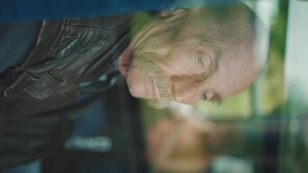 Close Portrait Senior Looks Out Window While Traveling Train Compartment — Stock Video