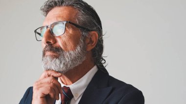 Kapalı, orta yaşlı gözlüklü, gri saçlı, el destekli çeneli, stüdyonun gri arka planında izole edilmiş bir iş adamı.