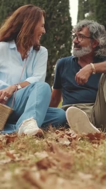 Oudere Paar Chatten Terwijl Zitten Het Gras Het Park — Stockvideo